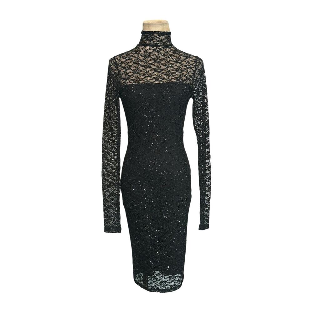 Moda International black lace sparkly gold body con dress size XS